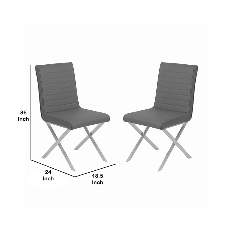 Leatherette Dining Chair with X shaped Metal Legs, Set of 2,Gray and Silver