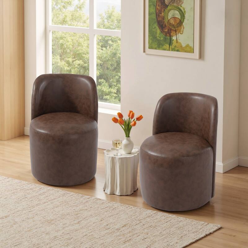 Modern Linen Upholstery Dining Chair Barrel Chair - FAUX LEATHER - PU BROWN 2SET