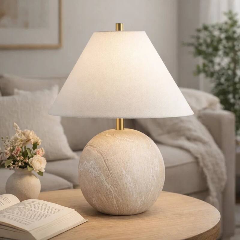 Table Lamp, Water Marble Ceramic and White Linen Shade, 17 Inch