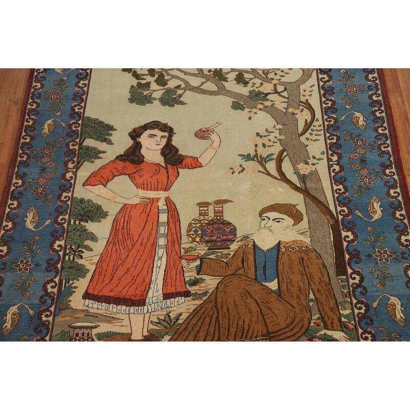Hand Knotted Oriental 100% Wool Carpet Traditional Pictorial Green Kashan Area Rug - 6' 8'' X 4' 6''
