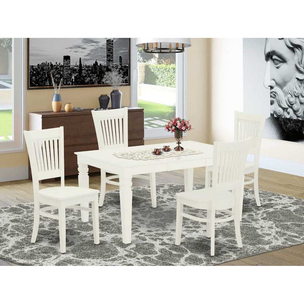HomeStock 5-Piece Rectangle Linen White Finish Solid Wood Top Dining table with 4 Chairs with Butterfly Leaf Slat Back