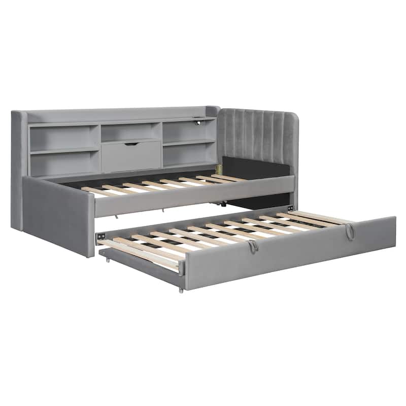 Twin Size Upholstered Daybed with Pop Up Trundle and Storage Shelves & Socket