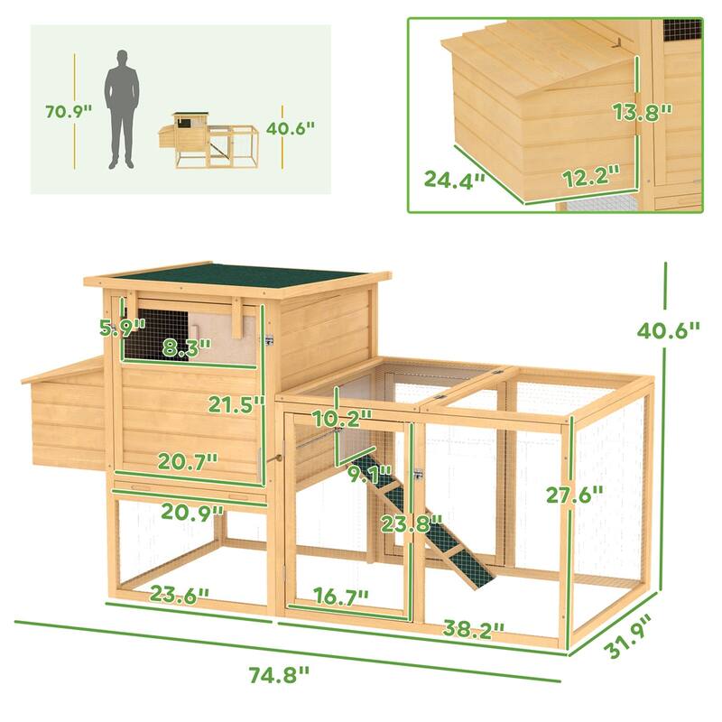 Wooden Chicken Coop with Outer Run, Nesting Box and Roosting Poles - 74.8" L x 31.9" W x 40.6" H