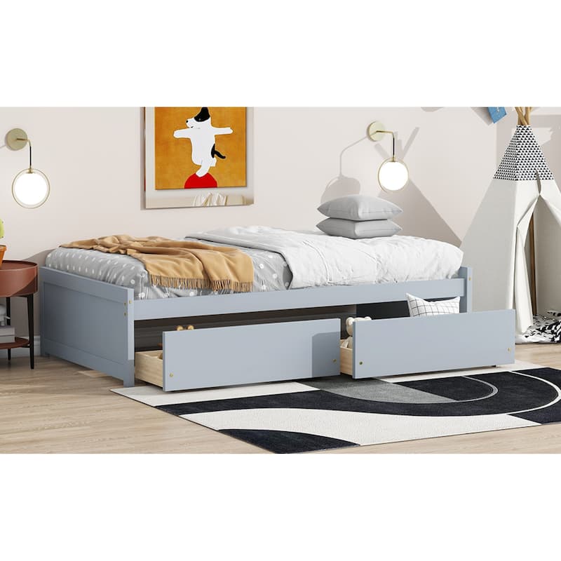 Roomfitters Twin Rubber Wood Bed Frame with Two Pull-Out Storage Units, Low Profile Platform Design - Gray - Twin