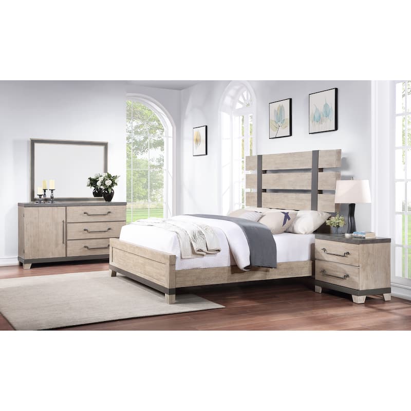 Roundhill Furniture Arbela Wood Slatted Panel Bed with Dresser, Mirror, and Two Nightstands, Weathered Oak Finish