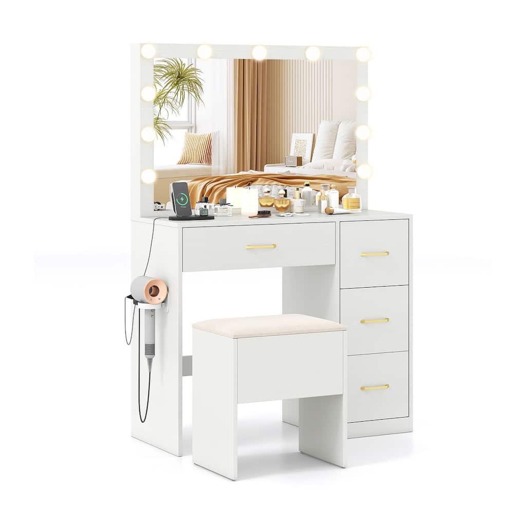 Vanity Desk and Stool Set with Lighted Mirror Built in Charging Station and Storage Drawers White - 35.5" x 16" x 53"