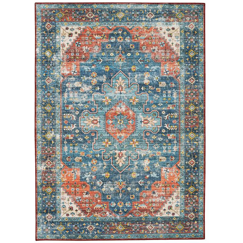 Markum Machine Washable Teal and Rust Area Rug - 5' x 7'