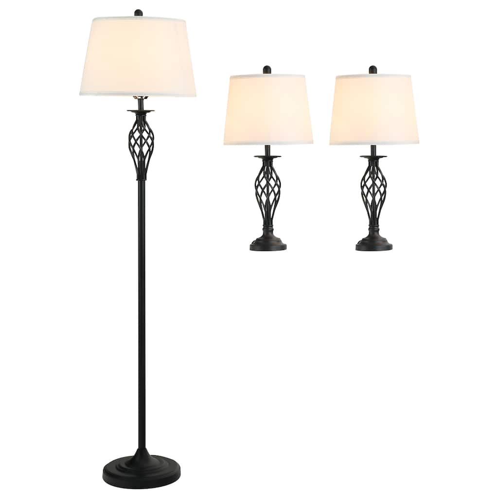 3 Piece Table Floor Lamp Set with Metal Pole, Round Base, and Fabric Lampshade, for Living Room - White