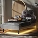 preview thumbnail 3 of 9, Twin Pink Upholstered Platform Bed wPaw Shaped Headboard, LED Light