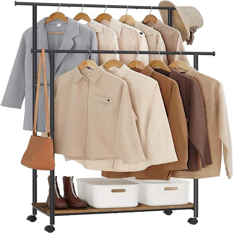 Clothes Rack with Wheels, Double Rod Clothing Rack for Hanging Clothes - 15.6"D x 38.8"W x 61.7"H