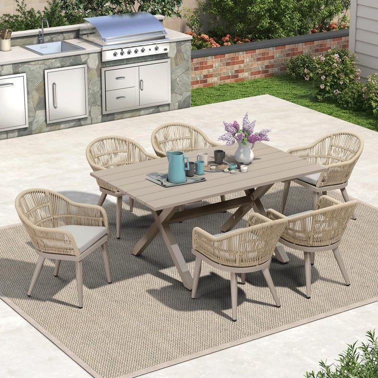 PURPLE LEAF 7 Pieces Patio Dining Set with Outdoor Aluminium Square Dining Table and Woven Rattan Chairs