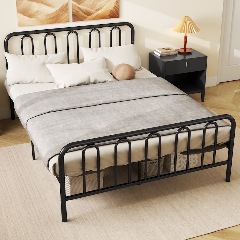 Gymax Stylish Queen Size Metal Bed Frame Platform Bed Base w/ - Black - Queen