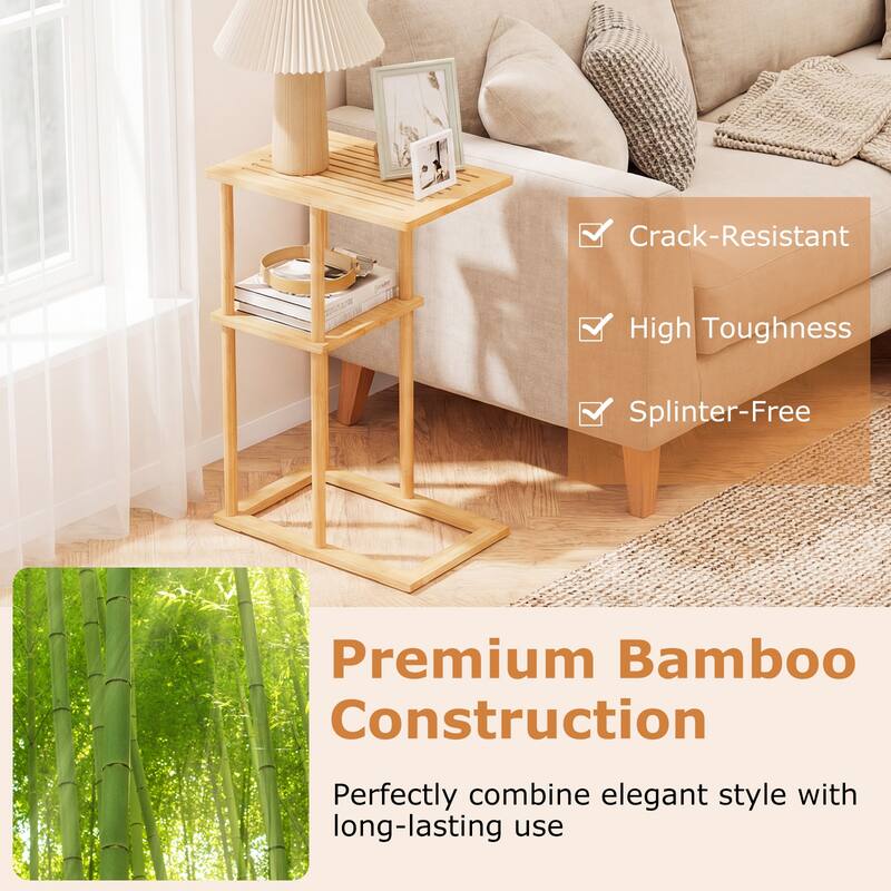 Gymax Side Table Set of 2 w/Storage Shelves & Bamboo Construction for