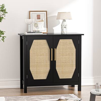 Anmytek Black Storage Cabinets with Doors and Shelves Rattan Sideboard Buffet for Entryway Console Table