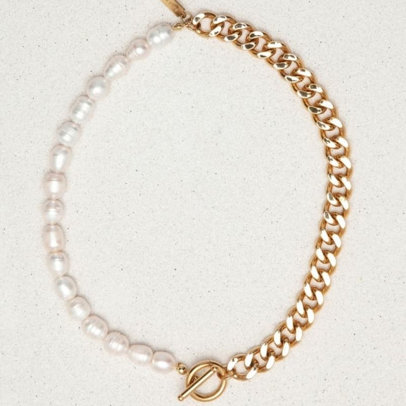 Bliss Diamond Yellow Gold Plated Fresh Water Pearl And Curb Link Necklace 18" Toggle Clasp