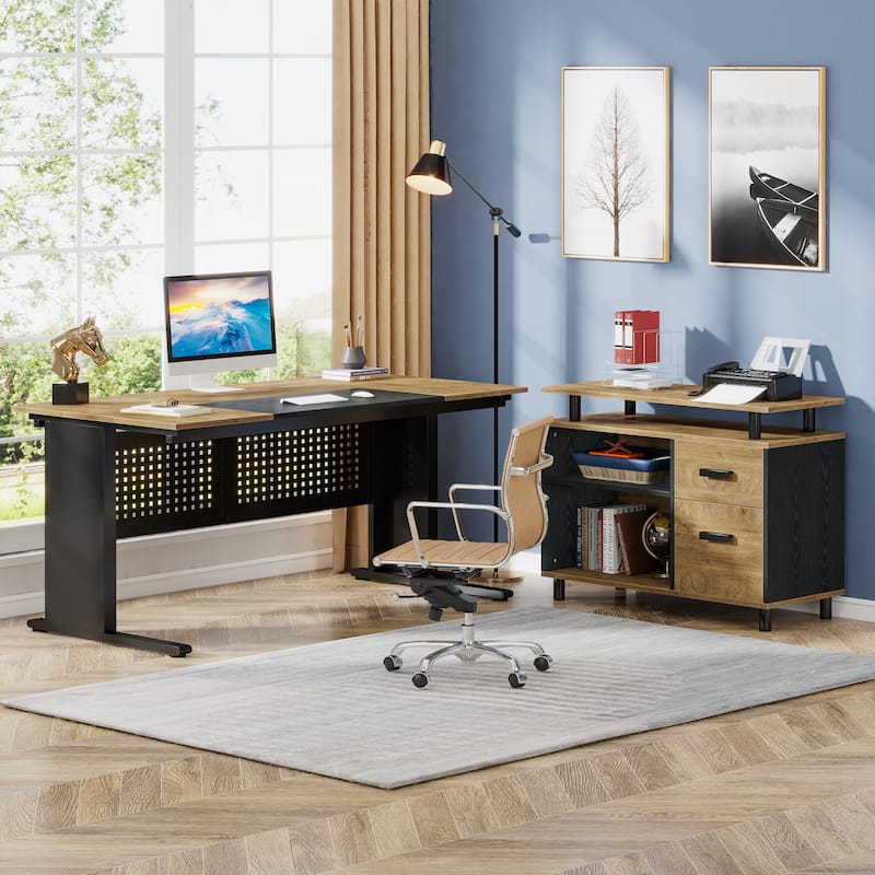 63 Inch Executive Desk with File Cabinet, Large Office Desk L Shaped Computer Desk