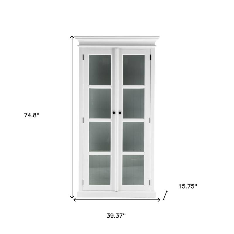 HomeRoots 75" White Wood and Glass Double Door Storage Cabinet