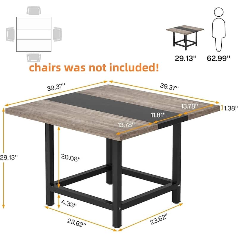 Square Dining Table 39 Inch Two Tone Vintage and Black Finish with Metal Legs Seats 4 People - 39.37" x 39.37" x 29.13"