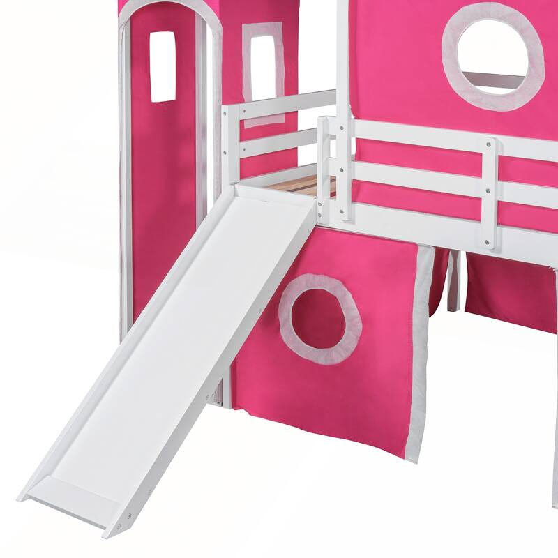 Full Size Loft Bed with Slide Pink Tent and Tower
