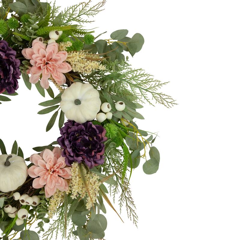 Peony and Pumpkin Artificial Fall Harvest Wreath, 24-Inch, Unlit