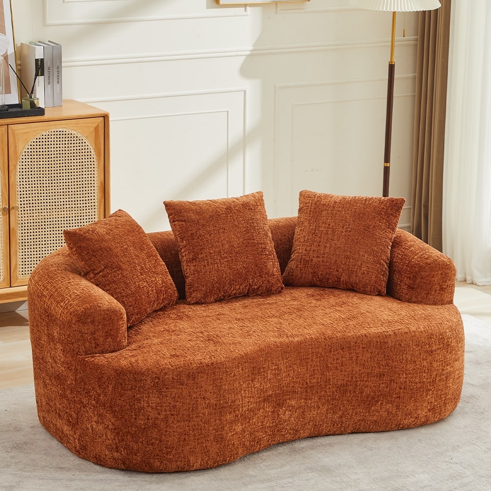 Curved Loveseat 2-Seater Sofa Couch, Minimalist Orange Sleeper Sofa Couch with Pillows for Living Room
