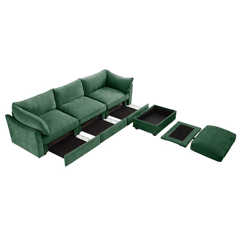 L-Shaped 3-Seater Sectional Sofa Couch with 1 Movable Ottoman & Drawers