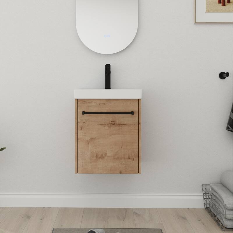 Bathroom Vanity With Sink In 16/18 Inch, Floating Bathroom Vanity With Soft Close Door - 17.3''W×13.5''D×21.3''H - Imitative Oak