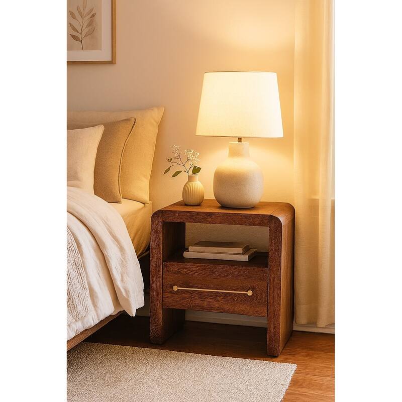 Solid Wood Curved Edge Bedside,Brown,1-Drawer,1-Shelf