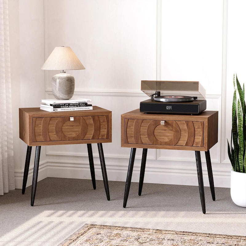 SUNBURY Morden Brown Nightstand with Drawer (Set of 2) - 2Pieces-Circular Pattern - 1-drawer