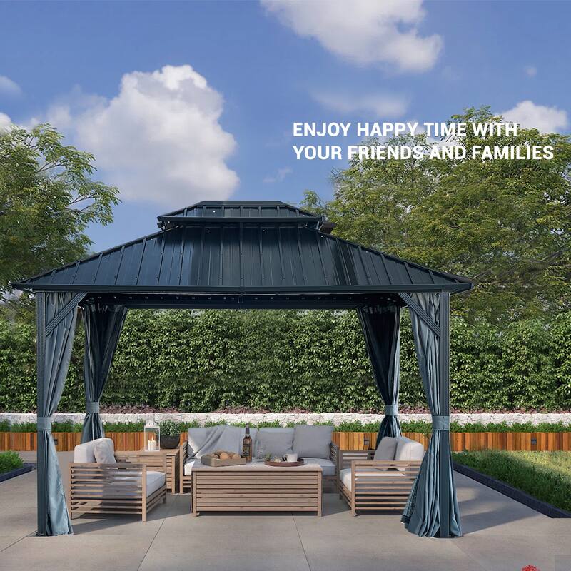Outdoor Aluminum Frame Hard Top Gazebo with Galvanized Steel Double Roof, 10 X 12 Patio Metal Pavilion with Netting & Curtains - Gray