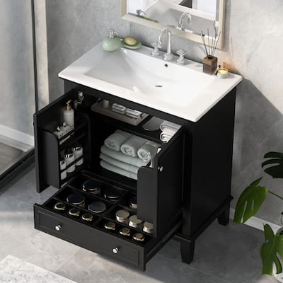 30" Black Solid Wood Bathroom Vanity Cabinet with Sink Combo, Doors & Drawer