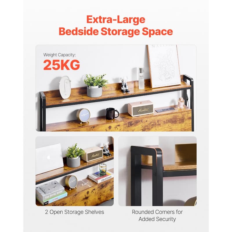 Brown Carbon Steel Full Size Headboard with LED Lights, Power Strips and Storage Shelves