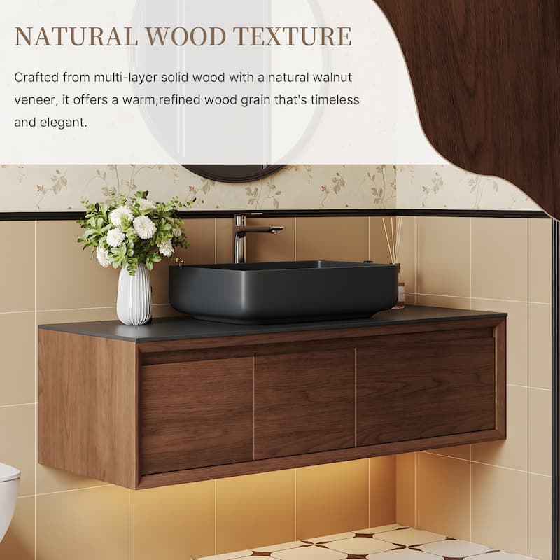 48" Modern Floading Single Bathroom Vanities, Solid Wood, Glossy Stone Vessel, Brown &Light Wood, Not Assembled Need
