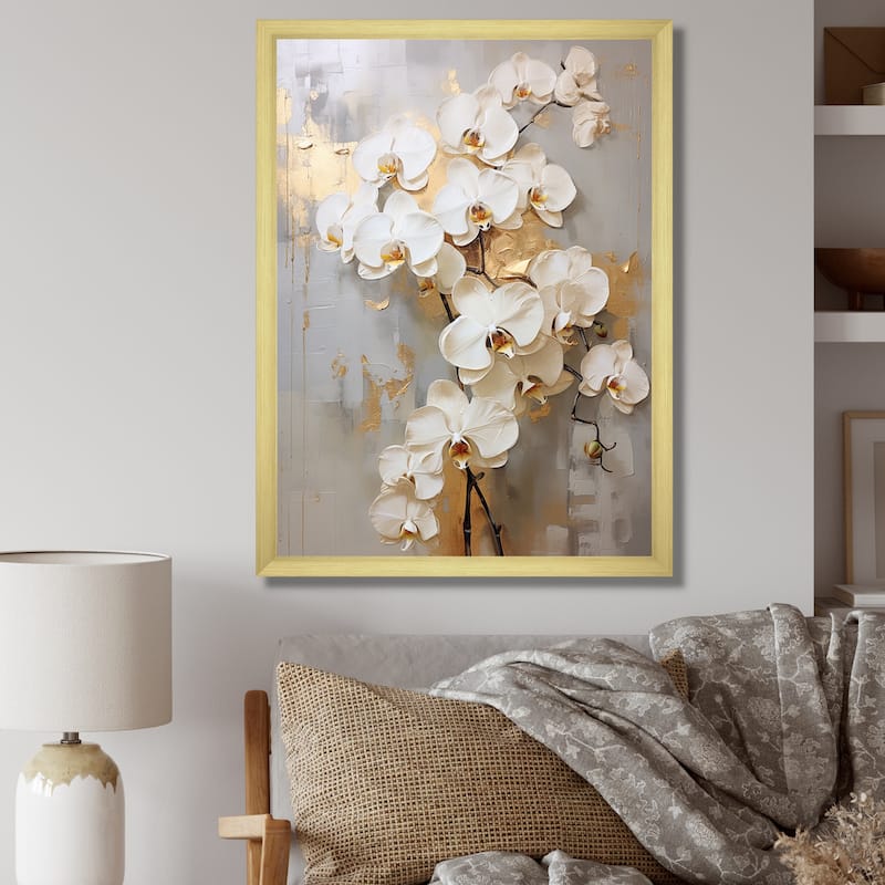 Designart "Minimalism Beige And Gold Orchids IV" Orchids Framed Canvas Art Print - 24 in. wide x 32 in. high - Gold
