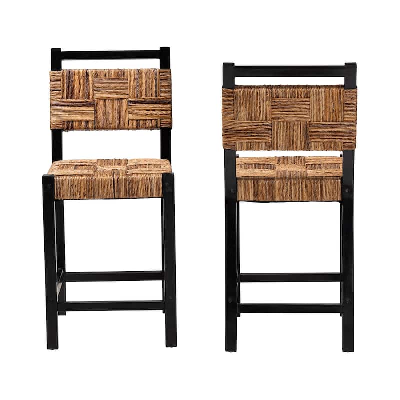 Raniya Seagrass Counter Stool - Solid Mango Wood Frame with Woven Seat and Backrest, Rustic Boho Style Dining Seating, Black