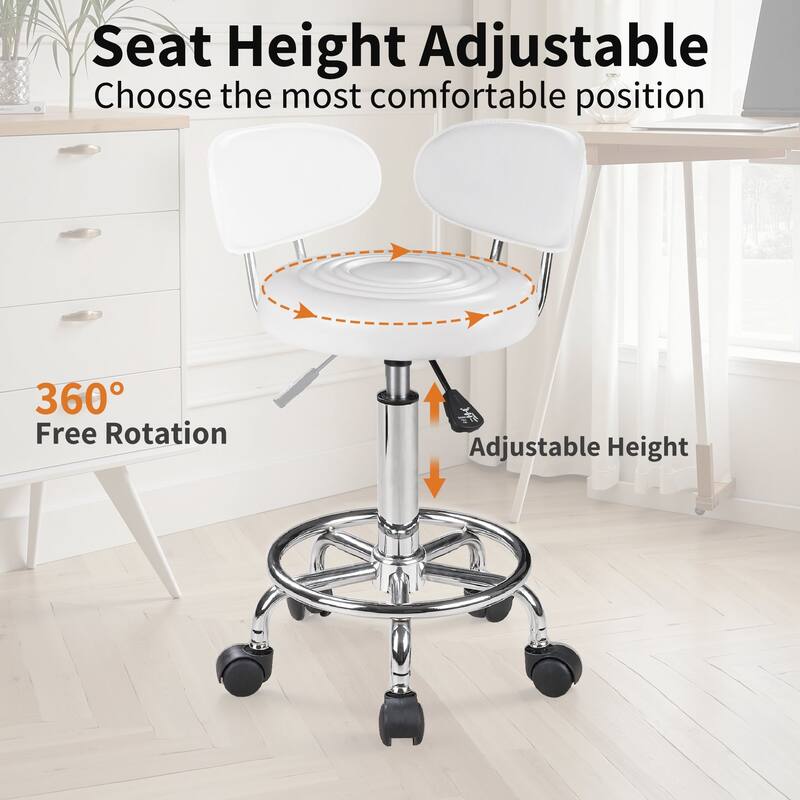 Javlergo White Office Chair Stool PU Leather Backrest Rolling Salon Stool Round Swivel Drafting Spa Stool
