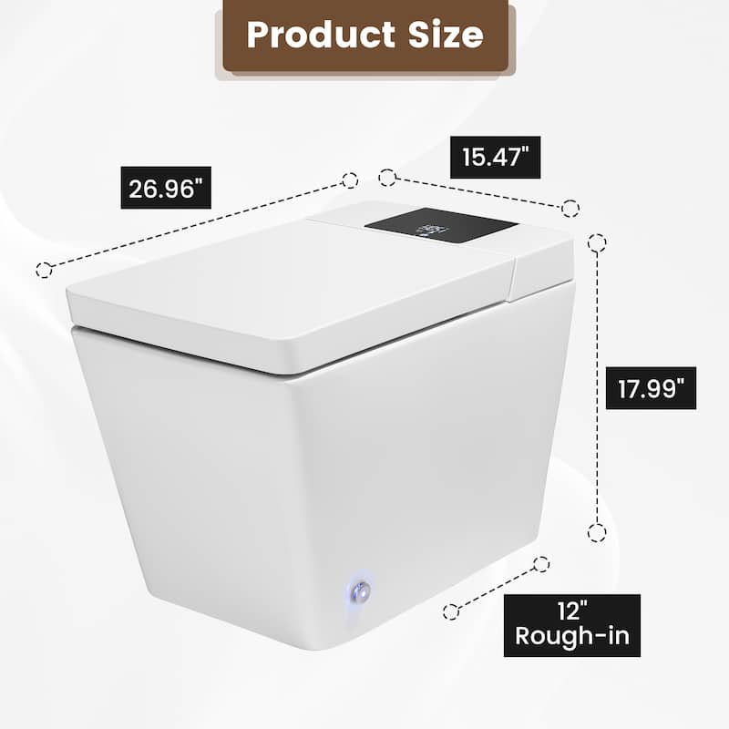 Elongated Smart Bidet Toilet with Foot Sensor, Auto Flush, LED Display, Heated Seat