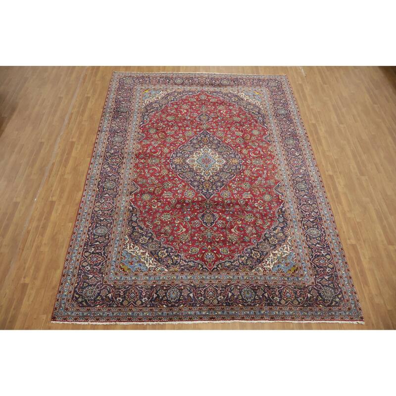Hand Knotted Oriental 100% Wool Carpet Traditional Floral Red Kashan Area Rug - 13' 5'' X 9' 7''