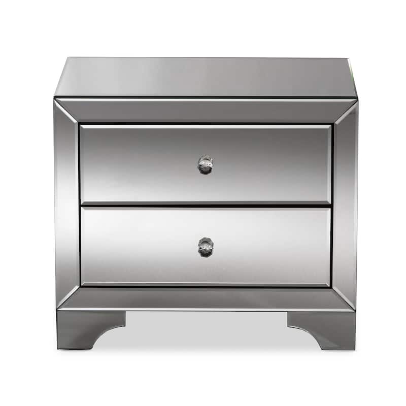 2-Drawer Nightstand with Mirrored Finish & Crystal Handles - Modern Bedside Table