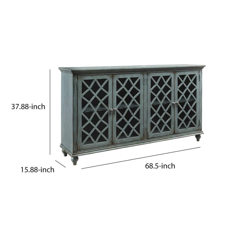 Lattice Design 4 Door Cabinet with Glass Inserts and Bun Feet, Teal Blue
