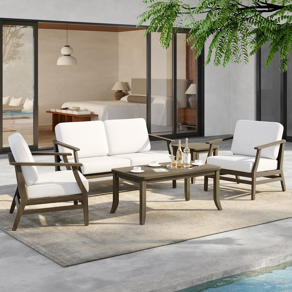5-Piece Outdoor Teak Wood Patio Conversation Set with Cushions