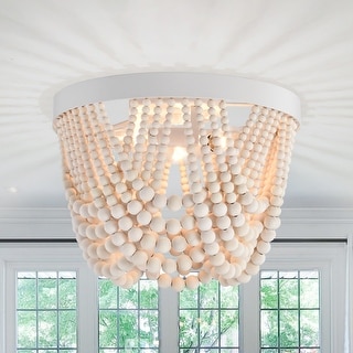 Wash White Wood Beads Flush Mount Chandelier 3 Light Ceiling Light - N/A