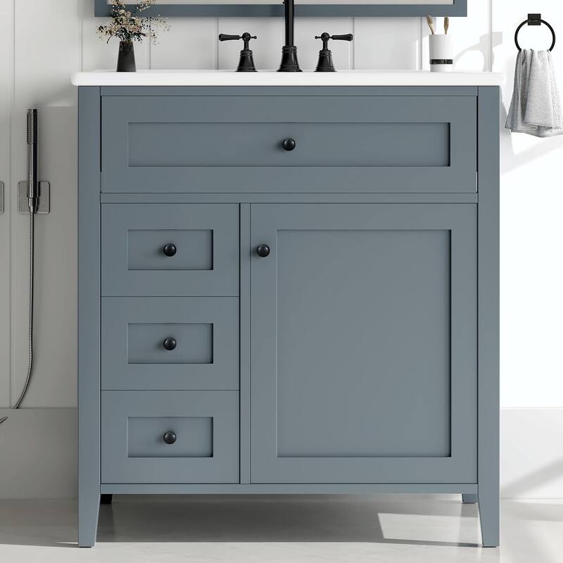 Bathroom Vanity with Sink, Modern MDF and Rubberwood Cabinet with 3 Drawers and Adjustable Shelf