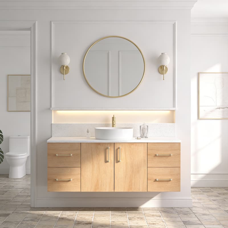 Prismella 36" 48" Floating Vanity with Round Vessel Sink, Quartz Top