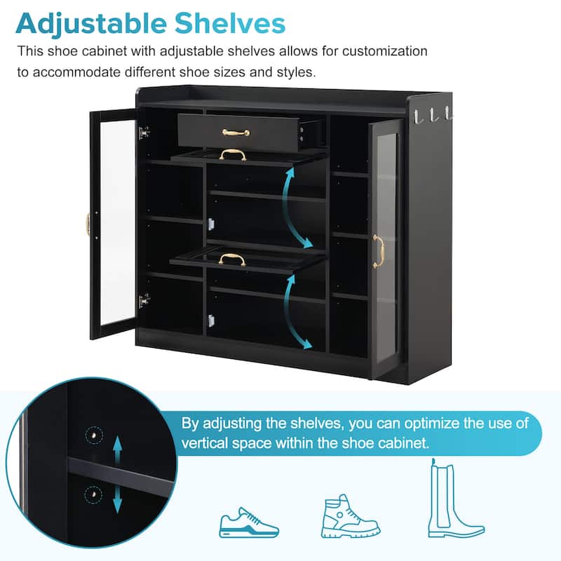 Modern Shoe Cabinet with 4 Glass Doors & 3 Hooks