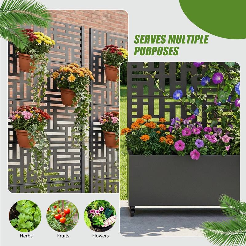 Metal Planter Box with Trellis Privacy Screen Planter Box with Lockable Wheels Set of 2