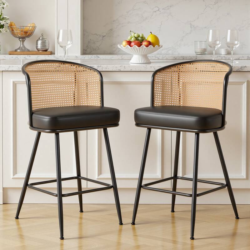 26"/29" Rattan Upholstered Bar Stool /Counter Stools Set of 2/3/4 - Set of 2 - PU-Black - Counter Height