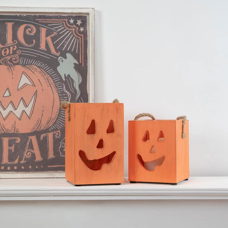 6.25" Small Orange Wood Jack O Lantern Halloween Candle Lantern