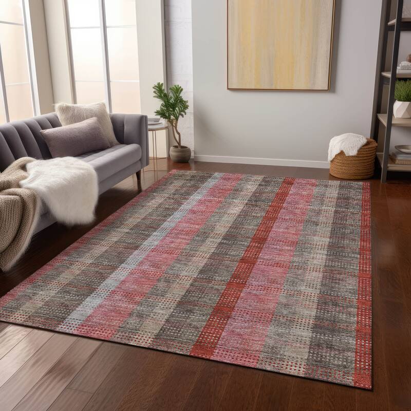 Machine Washable Indoor/ Outdoor Modern Plaid Chantille Rug