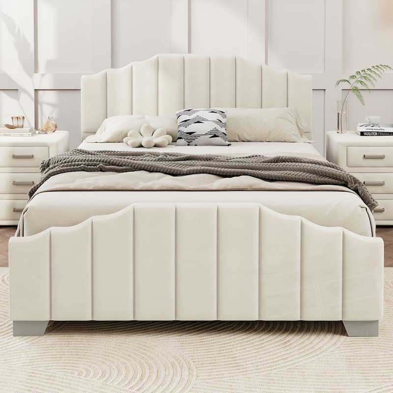 Velvet Upholstered Platform Bed Vertical Channel Tufted Headboard - Beige - Full